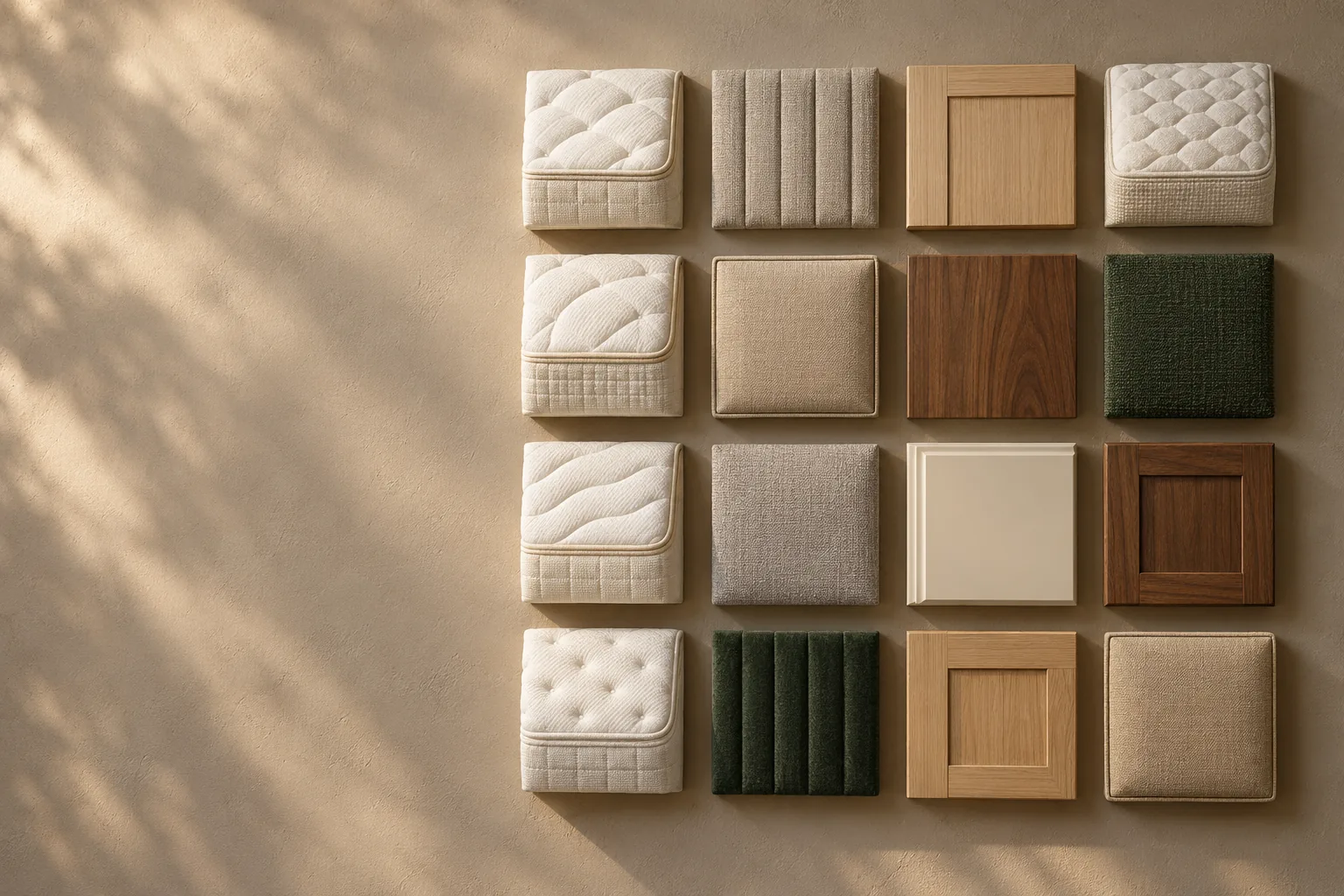 A wall of samples: mattress corners, upholstered panels and oak and walnut joinery